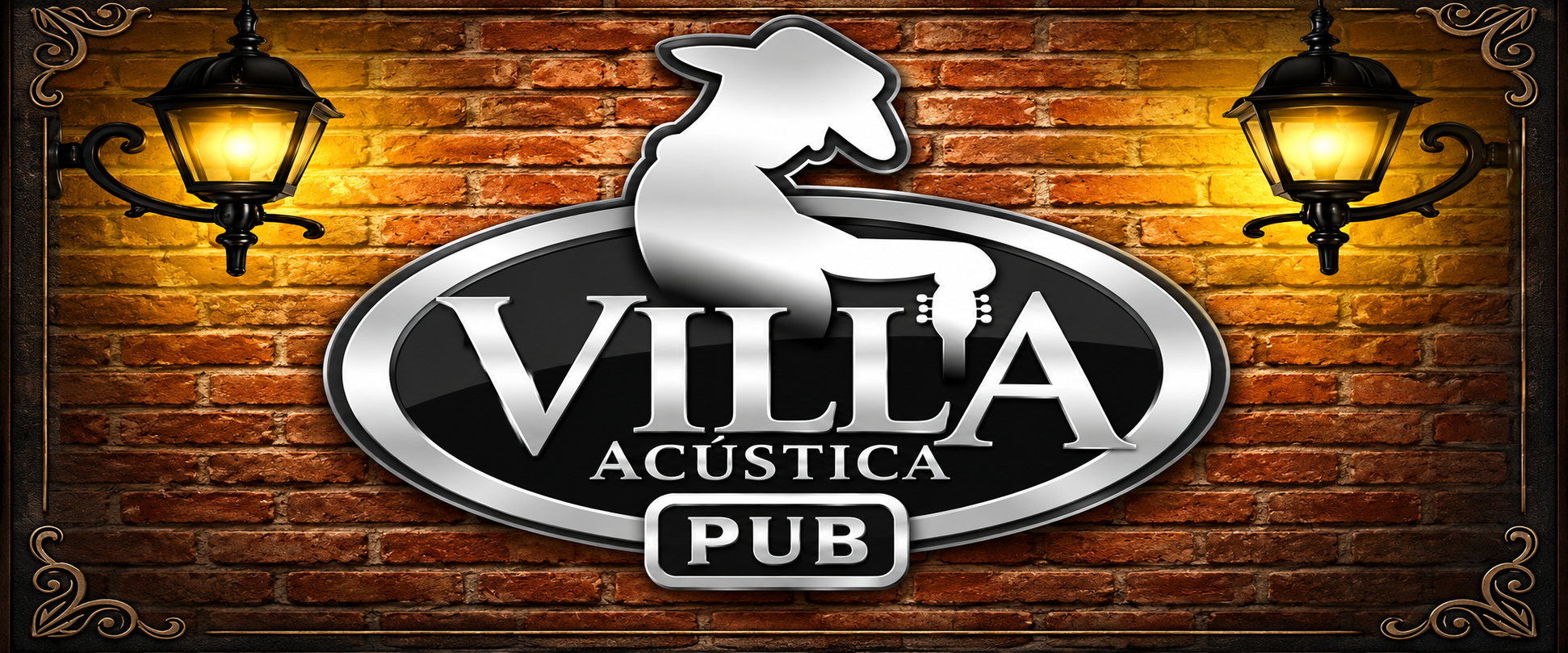 Villa Acústica Pub — logomarca com tijolos e luminárias